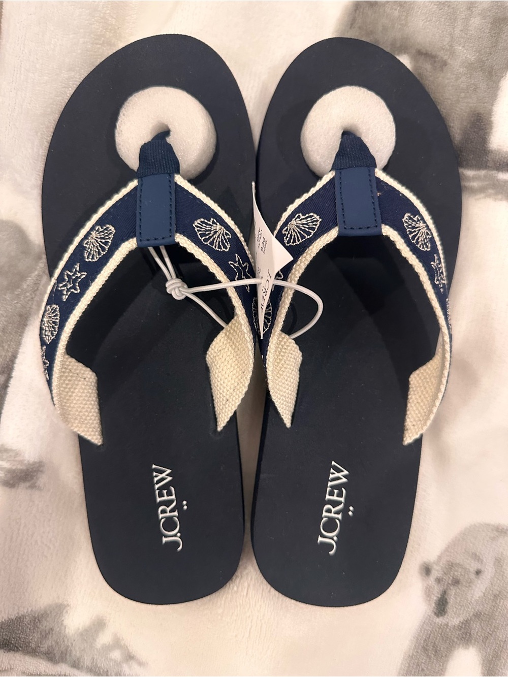 J. Crew Navy and Cream Embroidered Shell Flip Flop Sandals